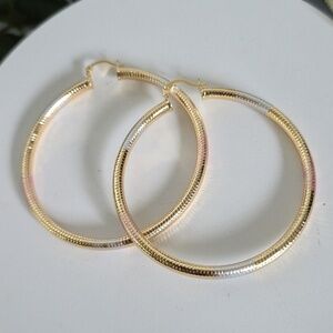 Gold Filled Tricolor Accent Hoop Earrings 2.5"